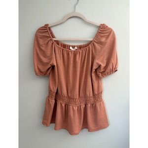 LC Lauren Conrad Women's‎ Small Square Neck Puff Sleeve Smocked Peplum Top